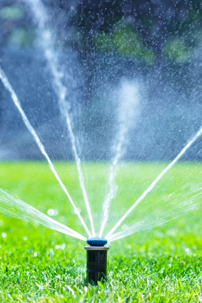 Irrigation system in home garden. Automatic lawn sprinkler watering green grass. Selective focus.
